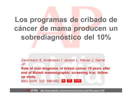 Los programas de cribado de cáncer de mama producen un sobrediagnóstico del 10% AP al día [