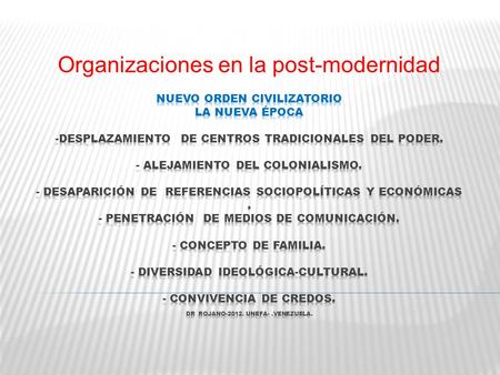Organizaciones en la post-modernidad.  Subjetivo  Flexible  Particular  Razón dialógica  Verdad cualitativa  Condición holística.