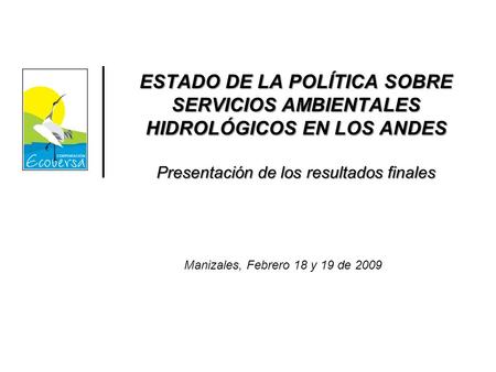 ESTADO DE LA POLÍTICA SOBRE SERVICIOS AMBIENTALES HIDROLÓGICOS EN LOS ANDES Presentación de los resultados finales Manizales, Febrero 18 y 19 de 2009.