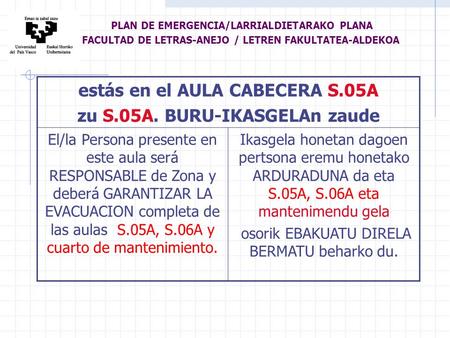 Estás en el AULA CABECERA S.05A zu S.05A. BURU-IKASGELAn zaude El/la Persona presente en este aula será RESPONSABLE de Zona y deberá GARANTIZAR LA EVACUACION.