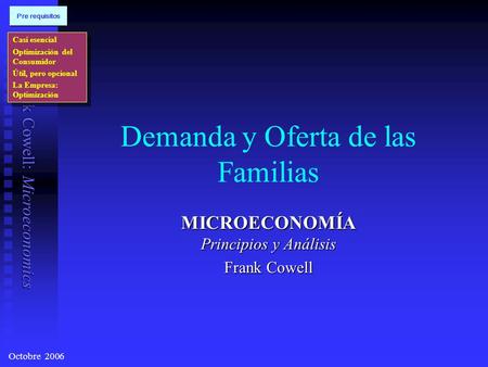 Frank Cowell: Microeconomics Demanda y Oferta de las Familias MICROECONOMÍA Principios y Análisis Frank Cowell Casi esencial Optimización del Consumidor.