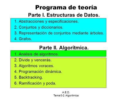 A.E.D. Tema 0-2. Algorítmica Programa de teoría Parte I. Estructuras de Datos. 1. Abstracciones y especificaciones. 2. Conjuntos y diccionarios. 3. Representación.