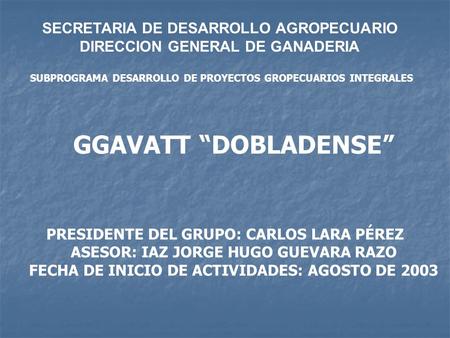 SECRETARIA DE DESARROLLO AGROPECUARIO DIRECCION GENERAL DE GANADERIA SUBPROGRAMA DESARROLLO DE PROYECTOS GROPECUARIOS INTEGRALES PRESIDENTE DEL GRUPO: