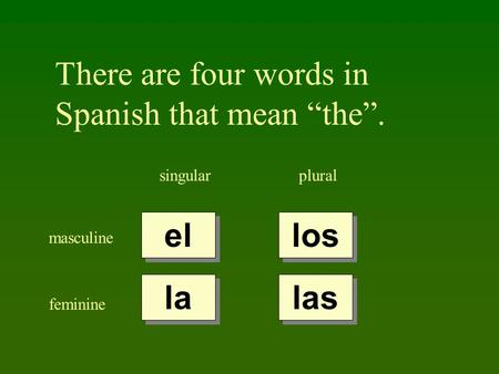 There are four words in Spanish that mean the. singularplural masculine feminine el la los las.