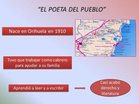 EL POETA DEL PUEBLO Nace en Orihuela en 1910 Tuvo que trabajar como cabrero para ayudar a su familia Aprendió a leer y a escribir Casi acabó derecho y.