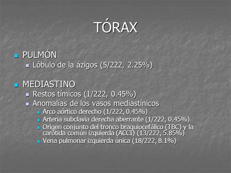 TÓRAX PULMÓN MEDIASTINO Lóbulo de la ázigos (5/222, 2.25%)