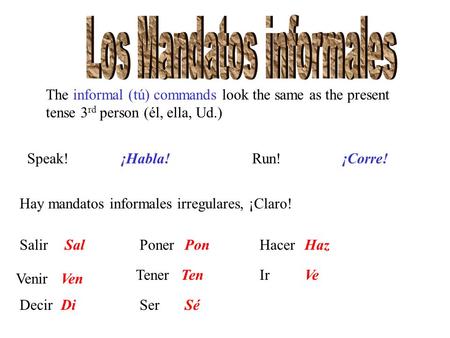 The informal (tú) commands look the same as the present tense 3 rd person (él, ella, Ud.) Speak! ¡Habla!Run!¡Corre! Hay mandatos informales irregulares,