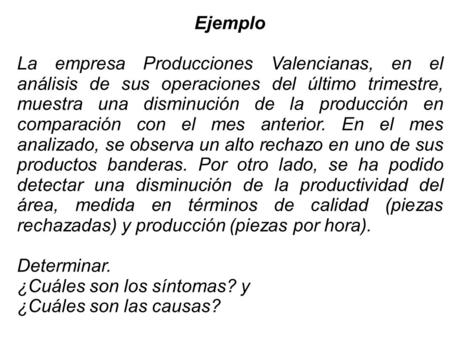 Ejemplo La empresa Producciones Valencianas, en el análisis de sus operaciones del último trimestre, muestra una disminución de la producción en comparación.