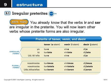 You already know that the verbs ir and ser are irregular in the preterite. You will now learn other verbs whose preterite forms are also irregular. Copyright.