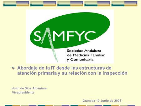 Abordaje de la IT desde las estructuras de atención primaria y su relación con la inspección Juan de Dios Alcántara Vicepresidente Granada 10 Junio de.
