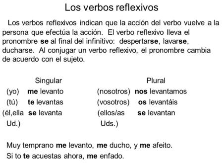 Los verbos reflexivos Los verbos reflexivos indican que la acción del verbo vuelve a la persona que efectúa la acción. El verbo reflexivo lleva el pronombre.