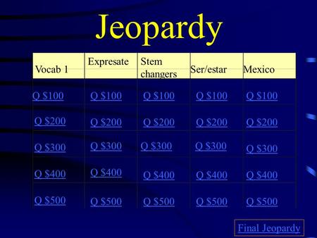 Jeopardy Vocab 1 ExpresateStem changers Ser/estar Mexico Q $100 Q $200 Q $300 Q $400 Q $500 Q $100 Q $200 Q $300 Q $400 Q $500 Final Jeopardy.