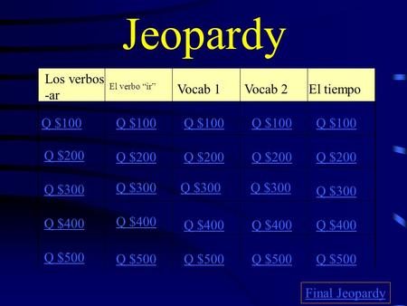 Jeopardy Los verbos -ar Vocab 1 Vocab 2 El tiempo Q $100 Q $100 Q $100