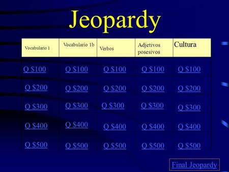 Jeopardy Vocabulario 1 Vocabulario 1b Verbos Adjetivos posesivos Cultura Q $100 Q $200 Q $300 Q $400 Q $500 Q $100 Q $200 Q $300 Q $400 Q $500 Final Jeopardy.
