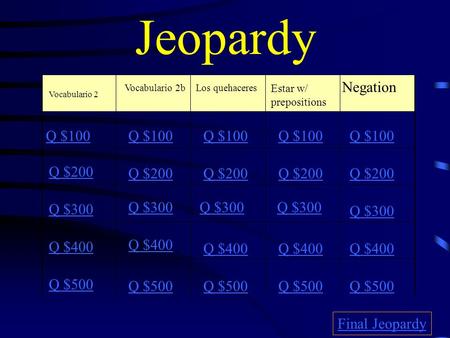 Jeopardy Vocabulario 2 Vocabulario 2bLos quehaceres Estar w/ prepositions Negation Q $100 Q $200 Q $300 Q $400 Q $500 Q $100 Q $200 Q $300 Q $400 Q $500.