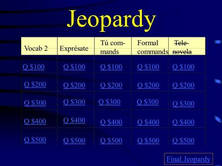 Jeopardy Vocab 2Exprésate Tú com- mands Formal commands Tele- novela Q $100 Q $200 Q $300 Q $400 Q $500 Q $100 Q $200 Q $300 Q $400 Q $500 Final Jeopardy.