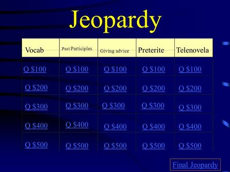 Jeopardy Vocab Past Participles Giving advice Preterite Telenovela Q $100 Q $200 Q $300 Q $400 Q $500 Q $100 Q $200 Q $300 Q $400 Q $500 Final Jeopardy.