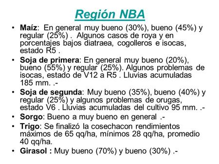 Región NBA Maíz: En general muy bueno (30%), bueno (45%) y regular (25%). Algunos casos de roya y en porcentajes bajos diatraea, cogolleros e isocas, estado.