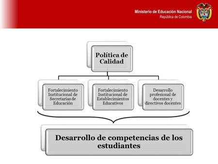 Política de Calidad Fortalecimiento Institucional de Secretarías de Educación Fortalecimiento Institucional de Establecimientos Educativos Desarrollo profesional.