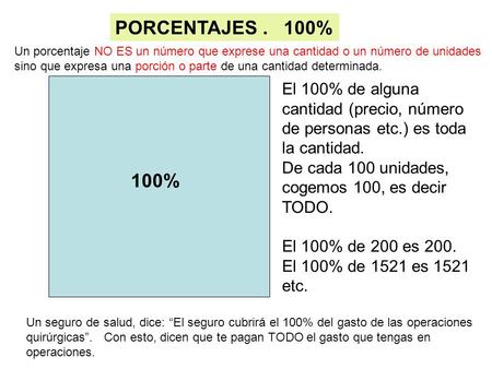 PORCENTAJES . 100% Un porcentaje NO ES un número que exprese una cantidad o un número de unidades sino que expresa una porción o parte de una cantidad.