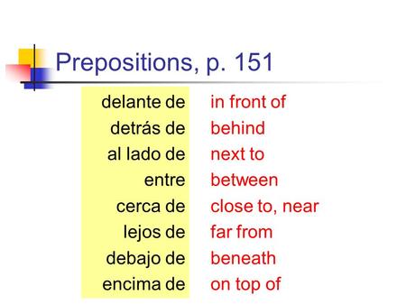 Prepositions, p. 151 delante de detrás de al lado de entre cerca de