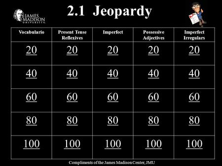 2.1 Jeopardy VocabularioPresent Tense Reflexives ImperfectPossessive Adjectives Imperfect Irregulars 20 40 60 80 100 Compliments of the James Madison Center,