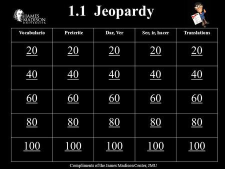 1.1 Jeopardy Vocabulario PreteriteDar, VerSer, ir, hacerTranslations 20 40 60 80 100 Compliments of the James Madison Center, JMU.