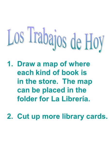 1. Draw a map of where each kind of book is in the store. The map can be placed in the folder for La Librería. 2. Cut up more library cards.