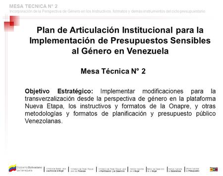 MESA TECNICA N° 2 Incorporación de la Perspectiva de Género en los Instructivos, formatos y demás instrumentos del ciclo presupuestario. Gobierno Bolivariano.