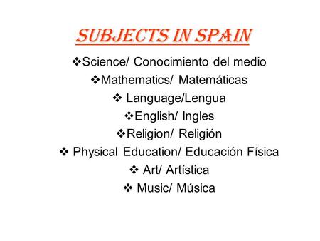 Subjects in Spain Science/ Conocimiento del medio Mathematics/ Matemáticas Language/Lengua English/ Ingles Religion/ Religión Physical Education/ Educación.
