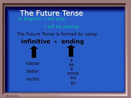 ©CAS 2002 The Future Tense In English: I will play I will be playing The Future Tense is formed by using infinitive + ending hablar beber recibir é ás.