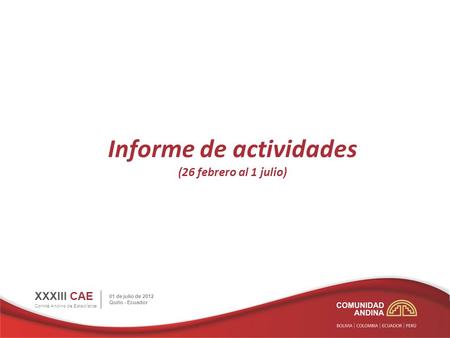 Informe de actividades (26 febrero al 1 julio) XXXIII CAE Comité Andino de Estadística 01 de julio de 2012 Quito - Ecuador.