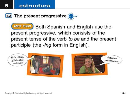 Both Spanish and English use the present progressive, which consists of the present tense of the verb to be and the present participle (the -ing form in.