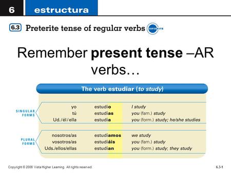 Remember present tense –AR verbs… Copyright © 2008 Vista Higher Learning. All rights reserved.6.3-1.