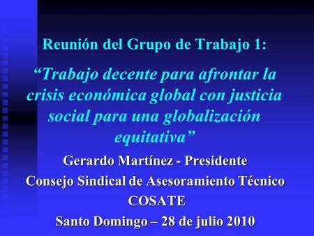 Reunión del Grupo de Trabajo 1: Trabajo decente para afrontar la crisis económica global con justicia social para una globalización equitativa Gerardo.