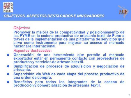 Fondo Multilateral de Inversiones Reunión de Clúster TIC 2009 Fortalecimiento de la Cadena de Producción de Artesanía de la Región Puno Lima, 11 de noviembre.
