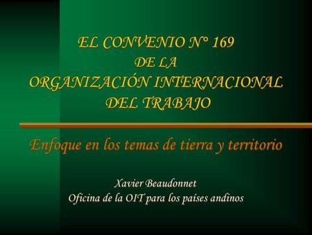 EL CONVENIO N° 169 DE LA ORGANIZACIÓN INTERNACIONAL DEL TRABAJO Enfoque en los temas de tierra y territorio Xavier Beaudonnet Oficina de la OIT para.