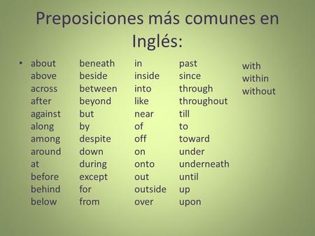 Preposiciones más comunes en Inglés: