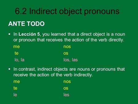 ANTE TODO In Lección 5, you learned that a direct object is a noun or pronoun that receives the action of the verb directly. me				nos te				os lo, la.