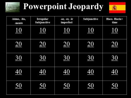 Powerpoint Jeopardy -isimo, -ito, -mente Irregular Subjunctive -ar, -er, -ir imperfect SubjunctiveHace. Hacia+ time 10 20 30 40 50.