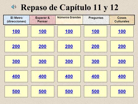 Repaso de Capítulo 11 y 12 100 200 100 200 300 400 500 300 400 500 100 200 300 400 500 100 200 300 400 500 100 200 300 400 500 El Metro (direcciones) Esperar.