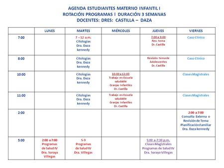 AGENDA ESTUDIANTES MATERNO INFANTIL I ROTACIÓN PROGRAMAS l DURACIÓN 3 SEMANAS DOCENTES: DRES: CASTILLA – DAZA LUNESMARTESMIÉRCOLESJUEVESVIERNES 7:00 7.