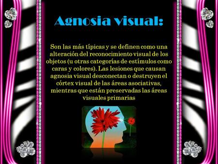 Agnosia visual: Son las más típicas y se definen como una alteración del reconocimiento visual de los objetos (u otras categorías de estímulos como caras.