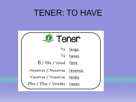 TENER: TO HAVE. The verb: tener = to have Yo tengo = I have Tú tienes = you have (informal) Ella tiene = She has El tiene = He has Usted tiene = You have.