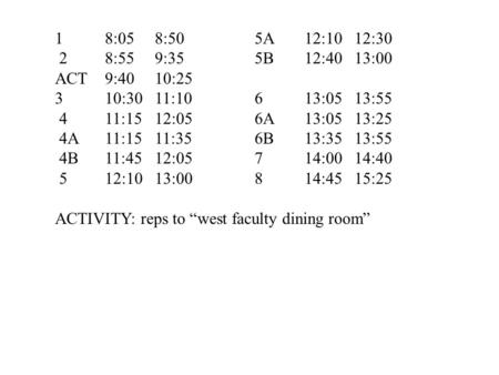 18:05 8:50 5A 12:10 12:30 28:55 9:35 5B 12:40 13:00 ACT9:4010:25 310:30 11:10 6 13:05 13:55 411:15 12:05 6A 13:05 13:25 4A11:15 11:35 6B 13:35 13:55 4B11:45.