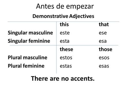 Antes de empezar There are no accents.