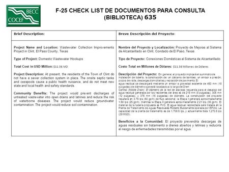 F-25 CHECK LIST DE DOCUMENTOS PARA CONSULTA (BIBLIOTECA) 635 Brief Description:Breve Descripción del Proyecto: Project Name and Location: Wastewater Collection.
