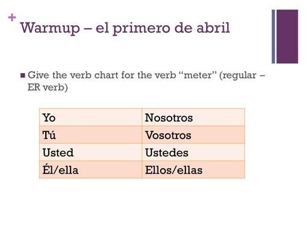+ Warmup – el primero de abril Give the verb chart for the verb “meter” (regular – ER verb) YoNosotros TúVosotros UstedUstedes Él/ellaEllos/ellas.
