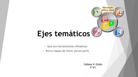 Ejes temáticos  Que son herramientas ofimáticas  Breve repaso de Word, power point Yuliana V. Girón 9°01.