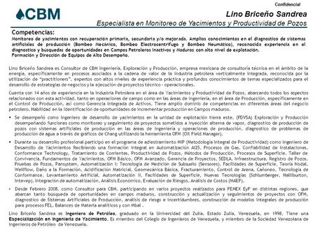 Confidencial Lino Briceño Sandrea es Consultor de CBM Ingeniería, Exploración y Producción, empresa mexicana de consultoría técnica en el ámbito de la.